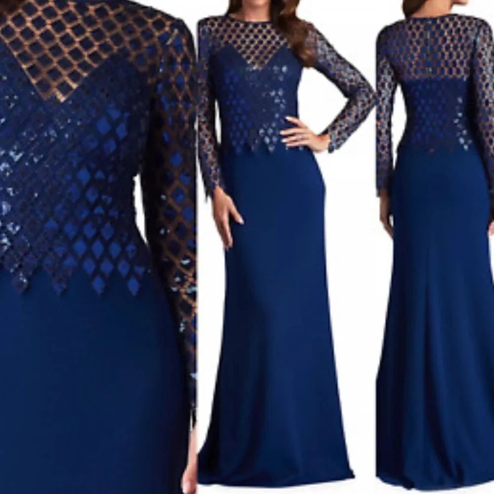 TADASHI SHOJI Midnight Caddel Sequin Lace Top Illusion Gown 61286 Sz 4 $495